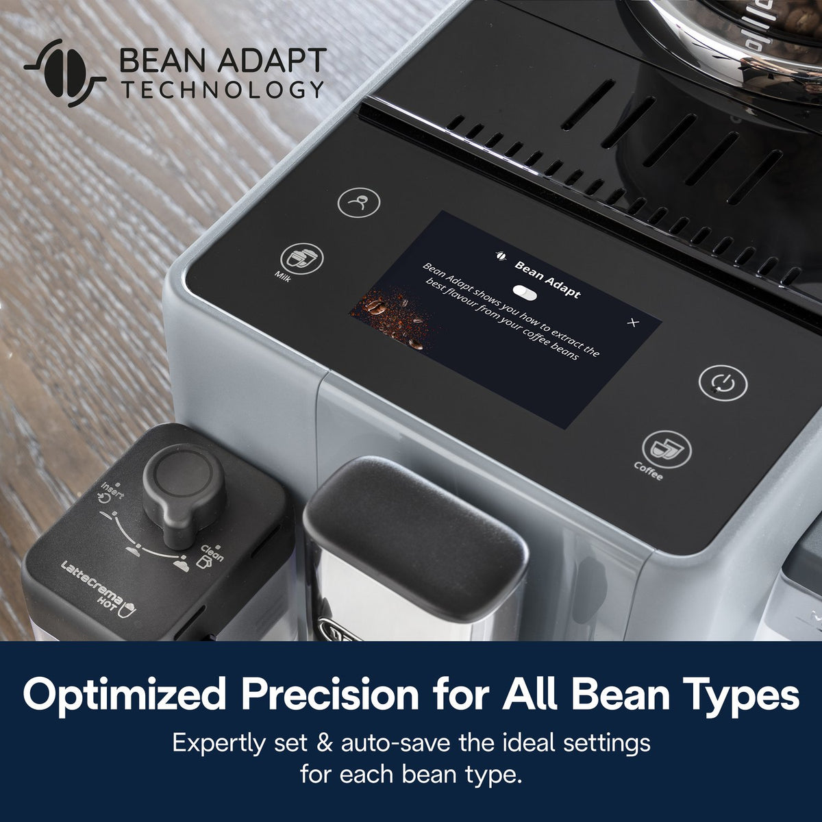 Pebble gray espresso machine with dark touchscreen display and rotary control knob