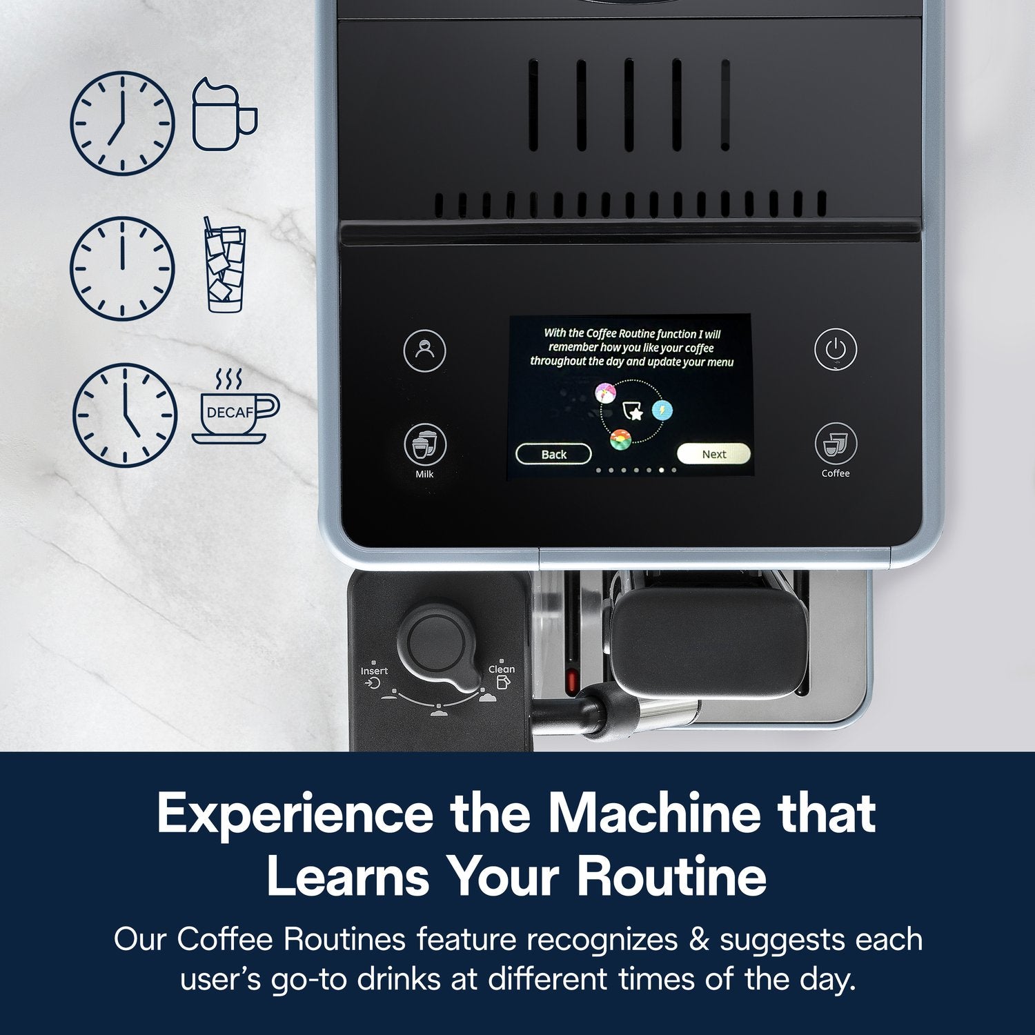 De'Longhi Rivelia fully automatic espresso machine front control panel with touchscreen display