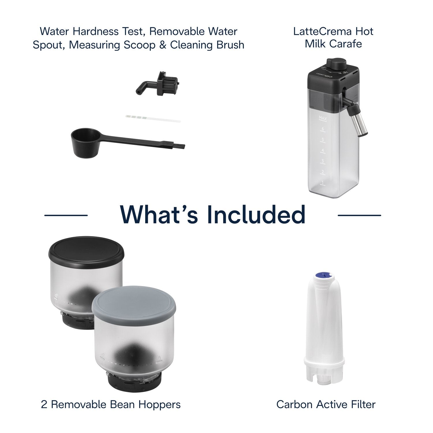 Espresso machine accessory set: two removable bean hoppers and carbon active filter
