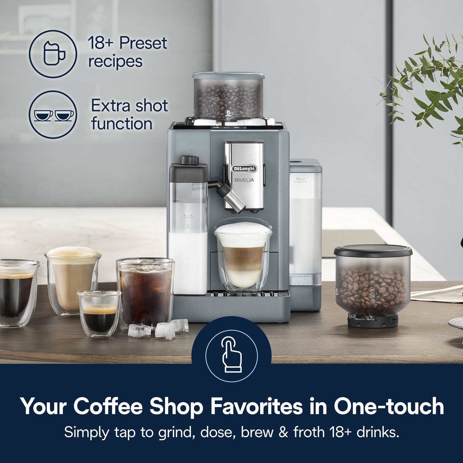 De'Longhi Rivelia fully automatic espresso machine, pebble gray, with cup under coffee spout