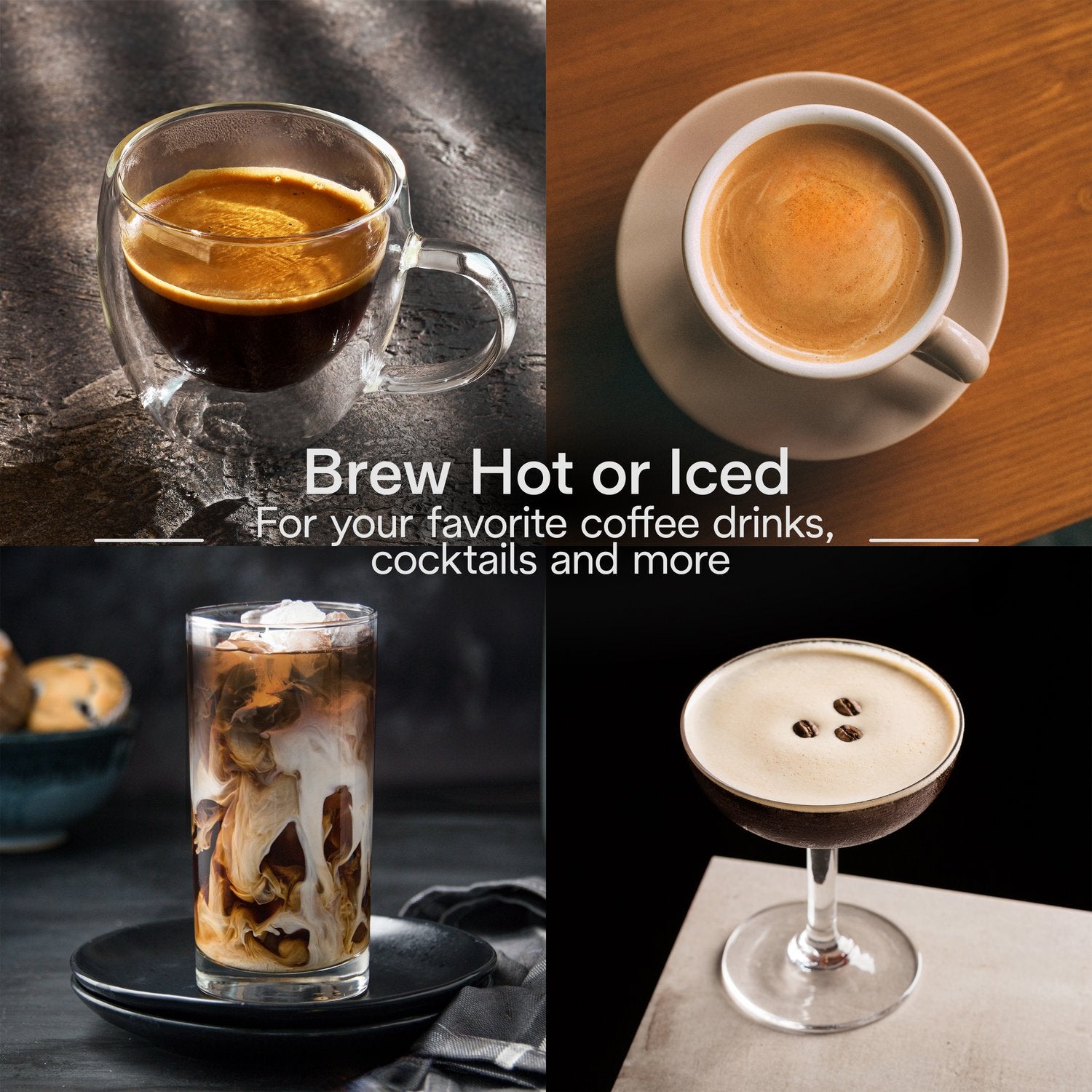 Assorted espresso drinks in glass and ceramic cups