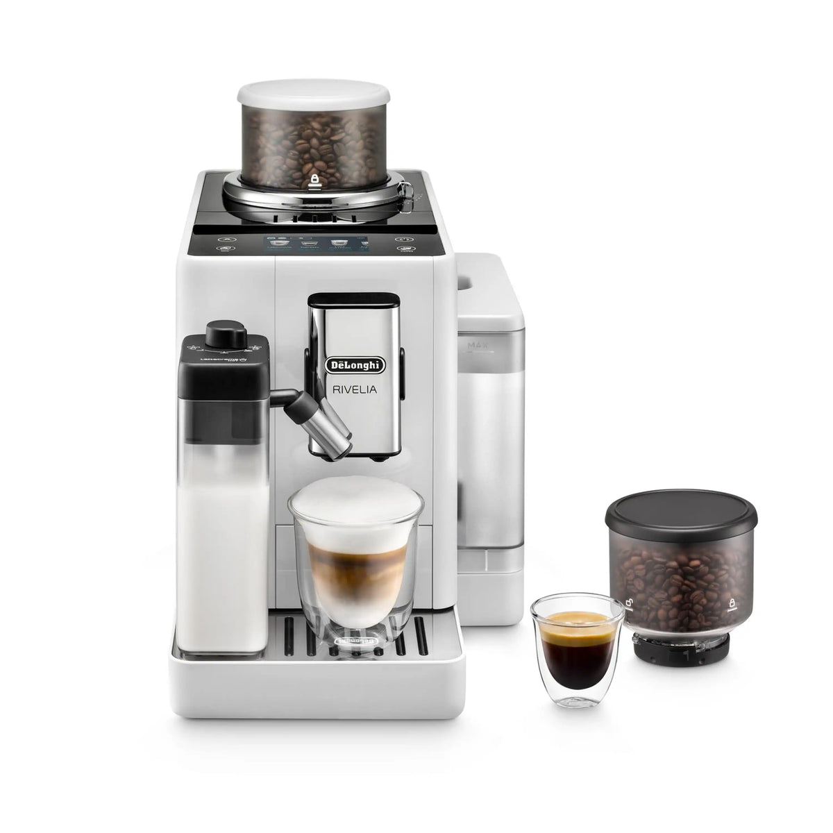 White espresso machine with mug of espresso and side coffee-bean container