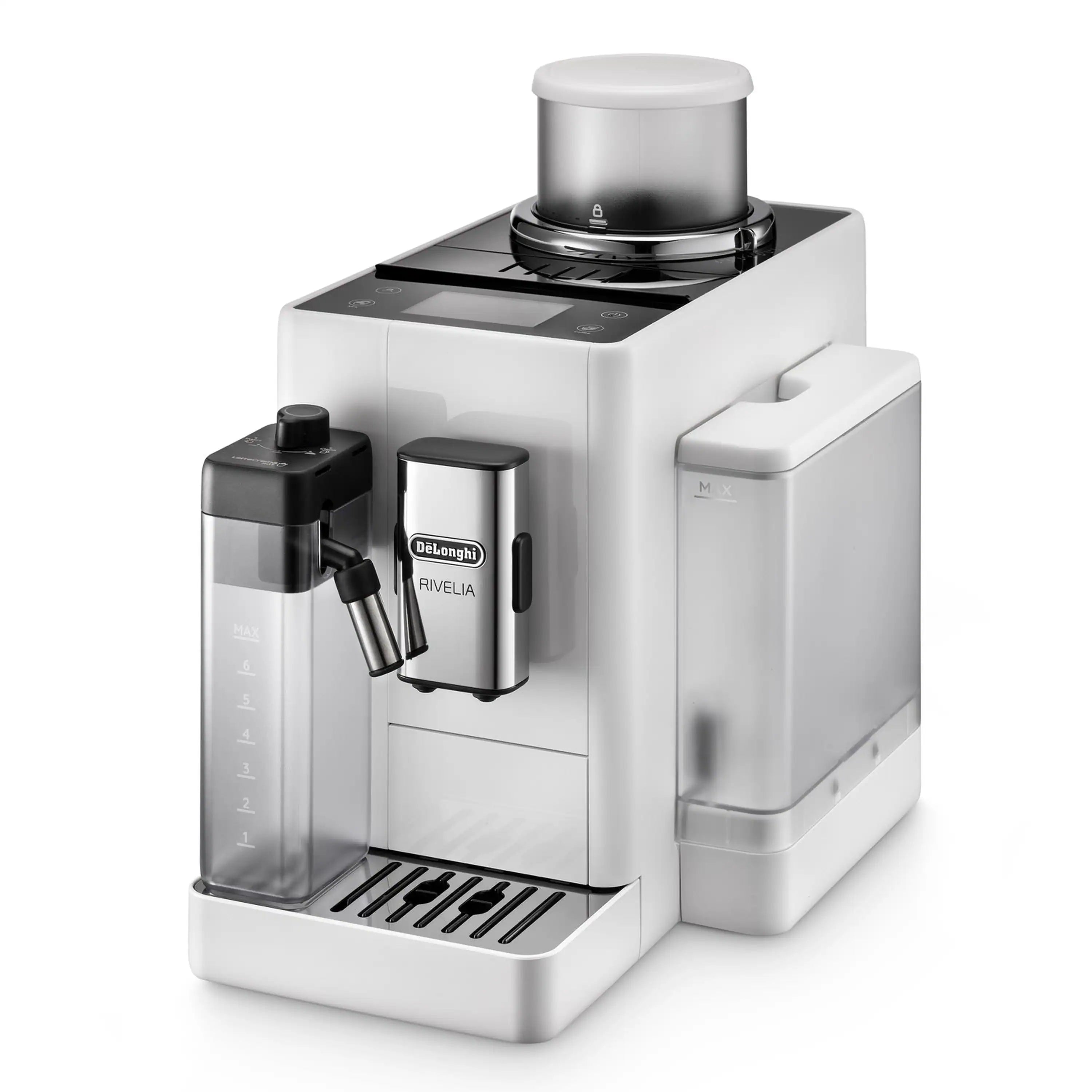 White fully automatic espresso machine shown in three-quarter view with drink spout and hoppers