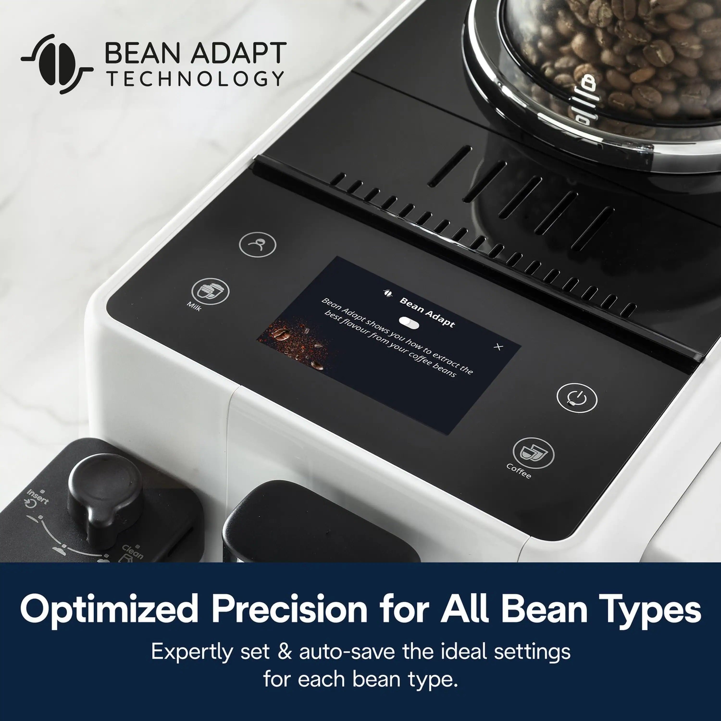 White espresso machine touchscreen showing bean-focused settings; coffee spout and buttons visible