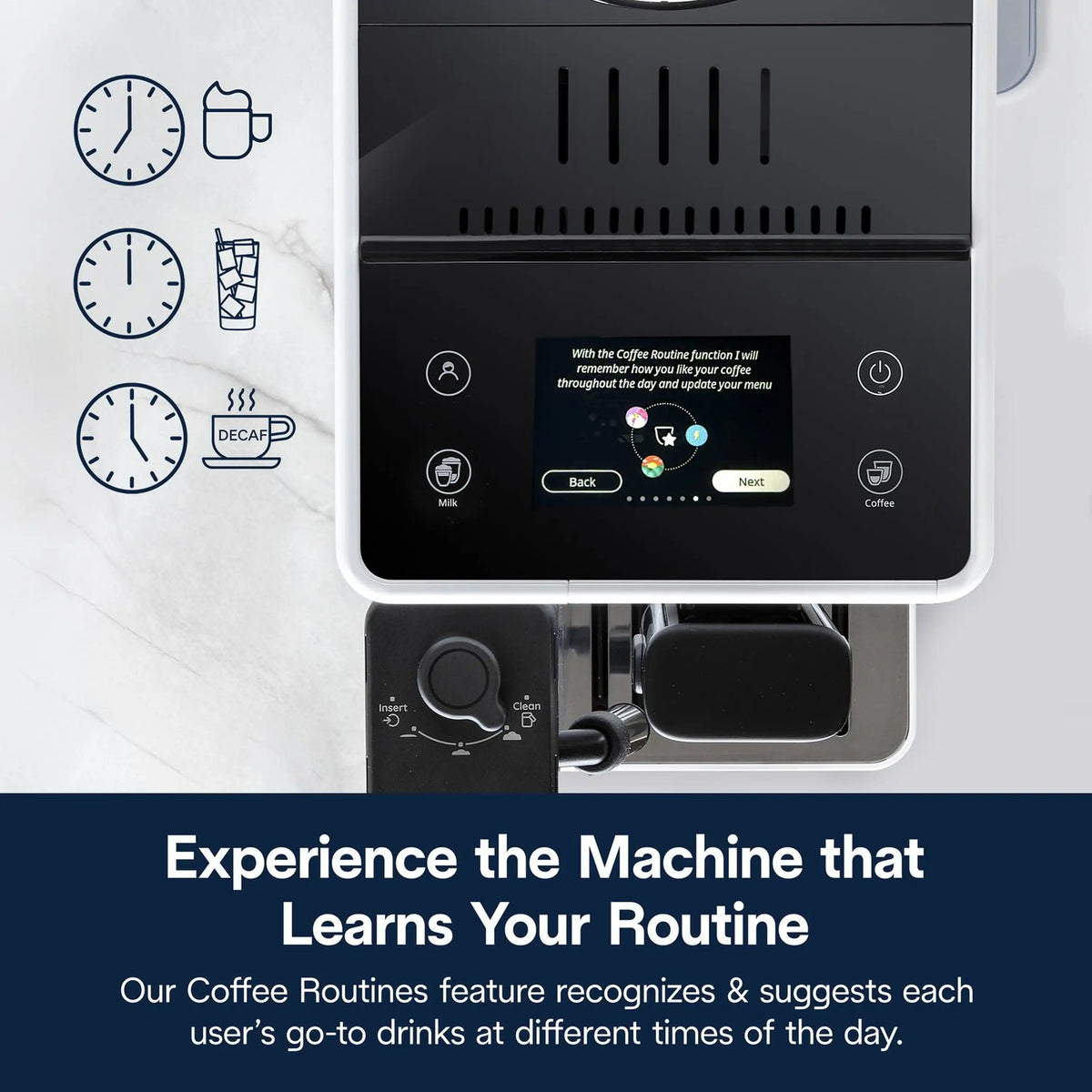 White espresso machine front panel with display, cup area, and touch controls