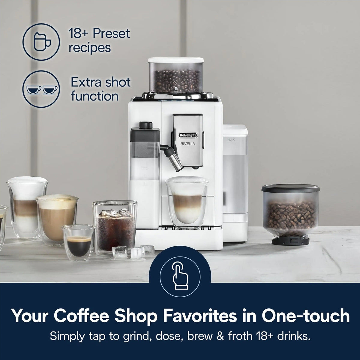 White fully automatic espresso machine with coffee cups and glass on countertop