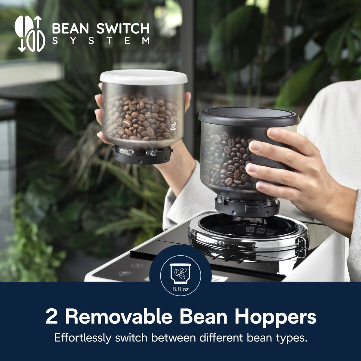 Removable bean hoppers held above espresso machine base for bean switching