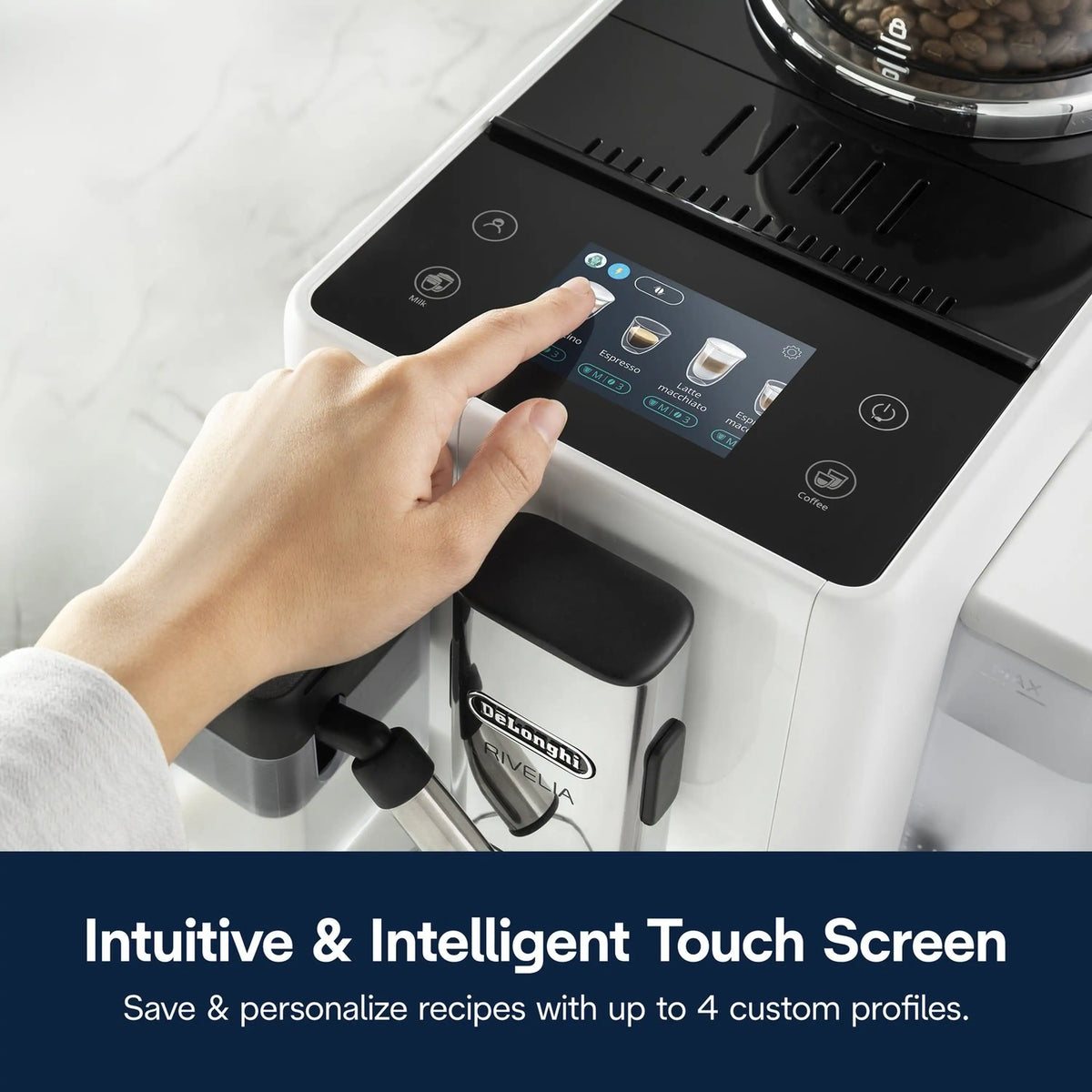 White espresso machine with touchscreen display and user hand selecting drink settings