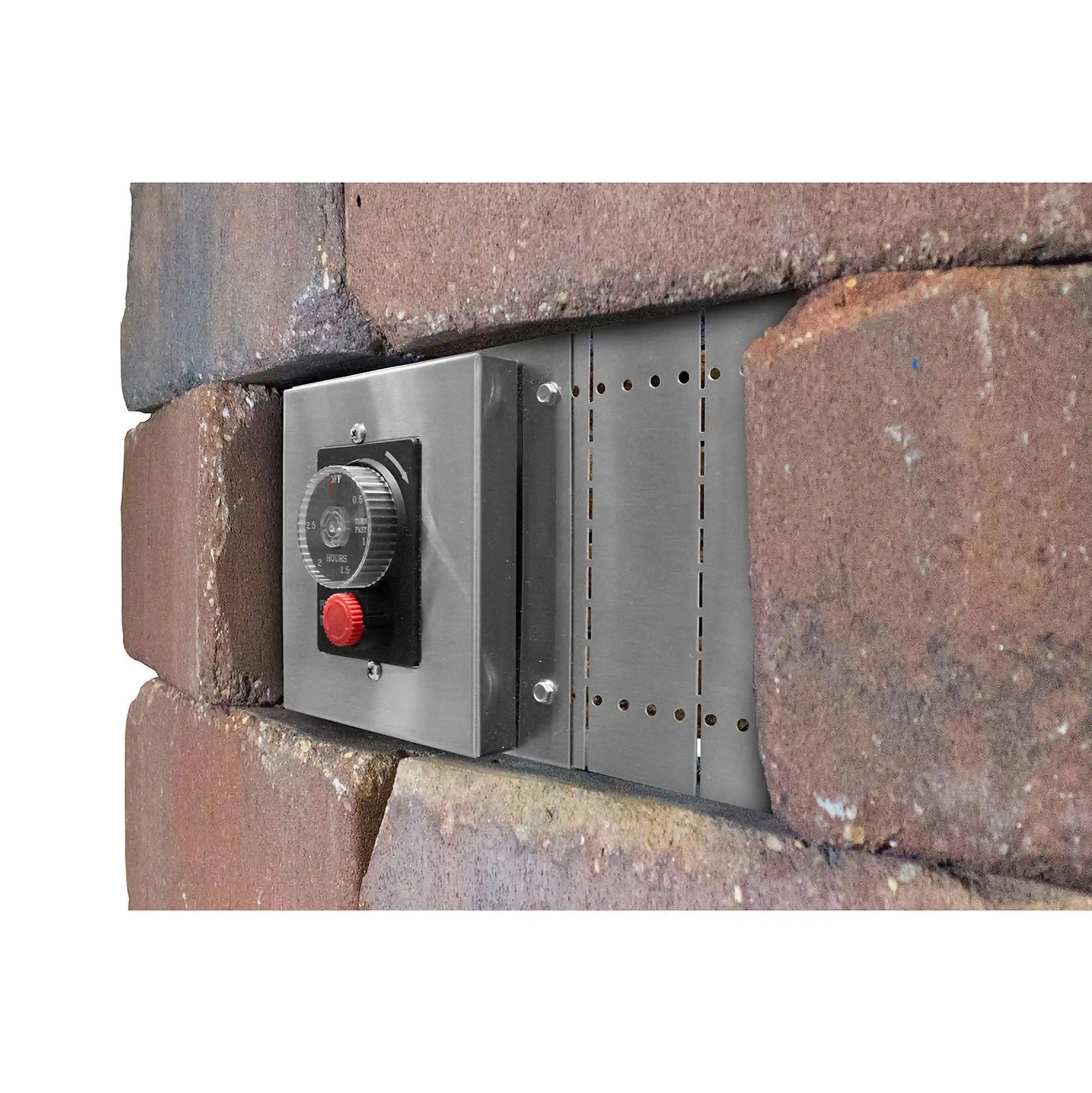 Metal outdoor control panel with dial and red button