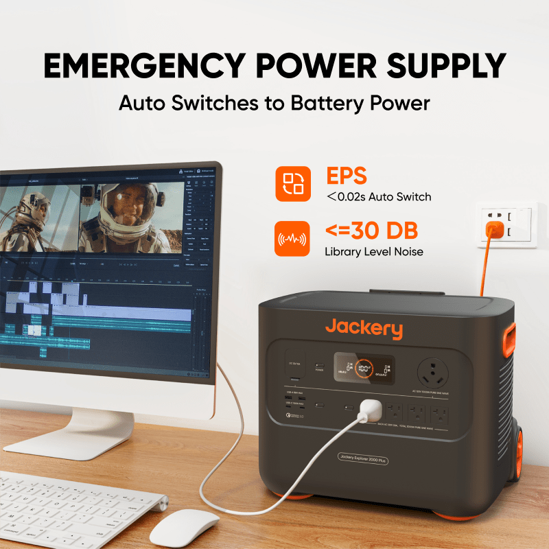 Jackery power station on desk with connected cable and front ports