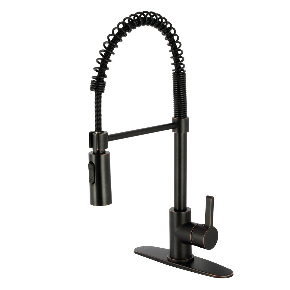 Pull-down deck-mount kitchen faucet with single lever handle and black coiled hose
