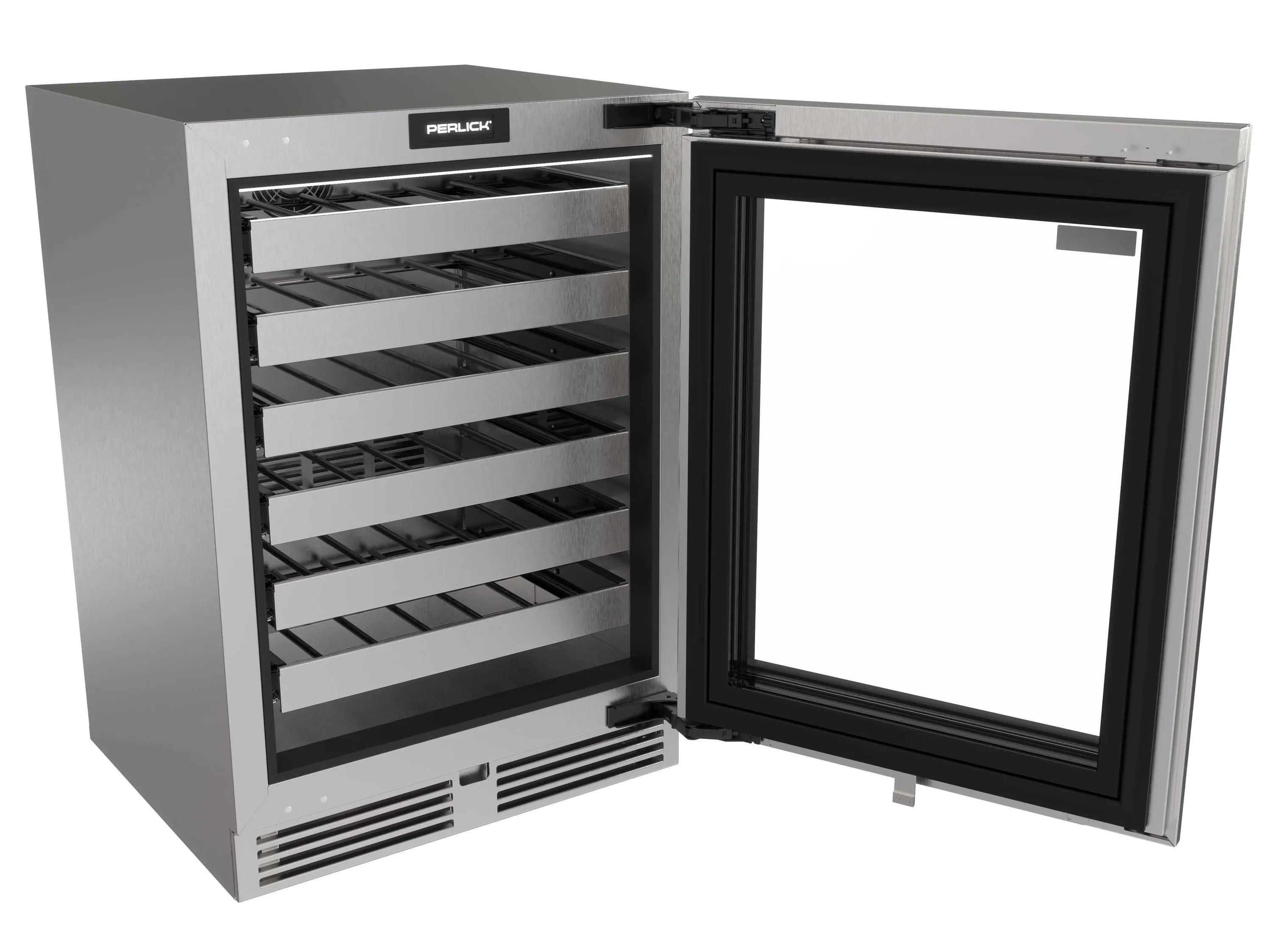 Stainless undercounter wine cooler with open glass door and five interior storage racks