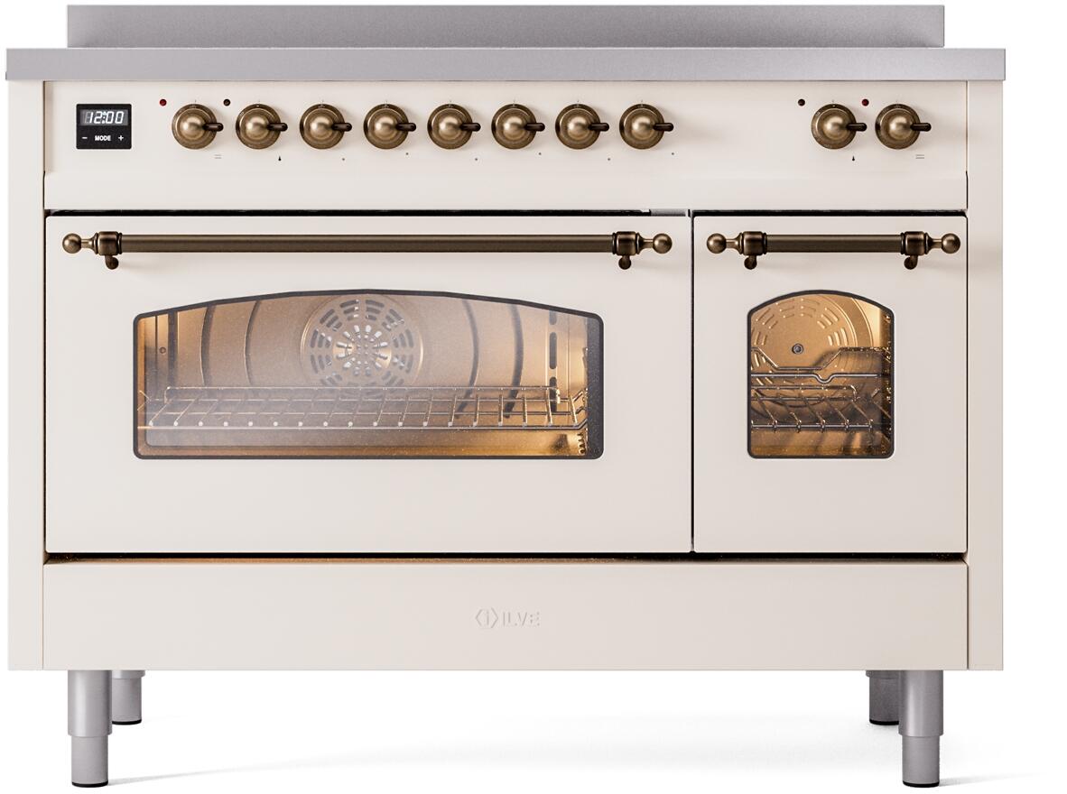 Freestanding electric induction range with bronze knob control and left oven door closed