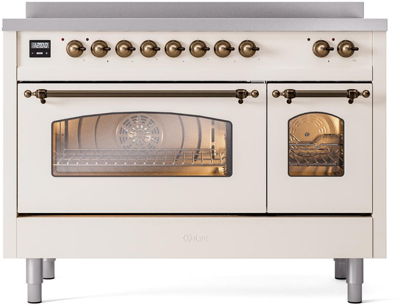 ILVE Nostalgie II 48-Inch Freestanding Electric Induction Range in Antique White with Bronze Trim (UPI486NMPAWB)