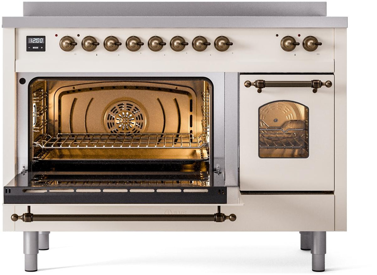 Freestanding electric induction range with left oven door open and right door closed