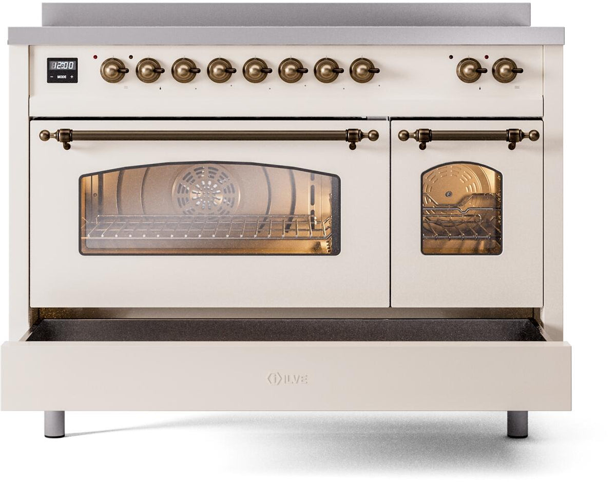Freestanding electric induction range, front view with doors closed and bronze control details