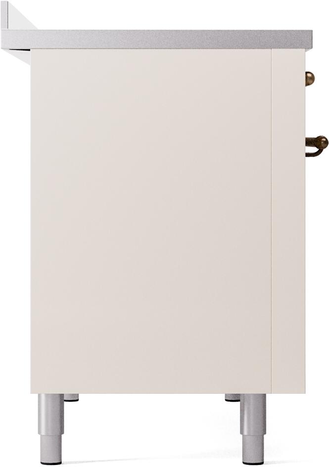 Freestanding electric induction range cabinet side view in antique white with bronze accents