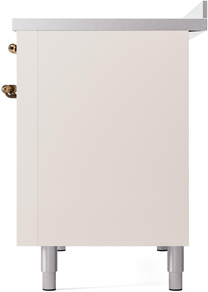 Freestanding electric induction range rear/side cabinet view in antique white on gray feet