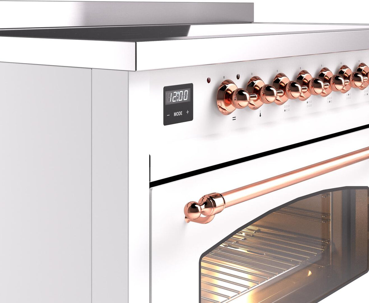 Induction range control panel with copper knobs and digital display