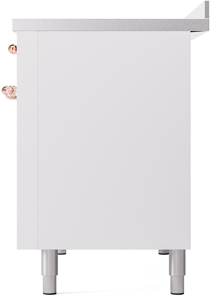 White freestanding induction range side panel with copper control knob and legs