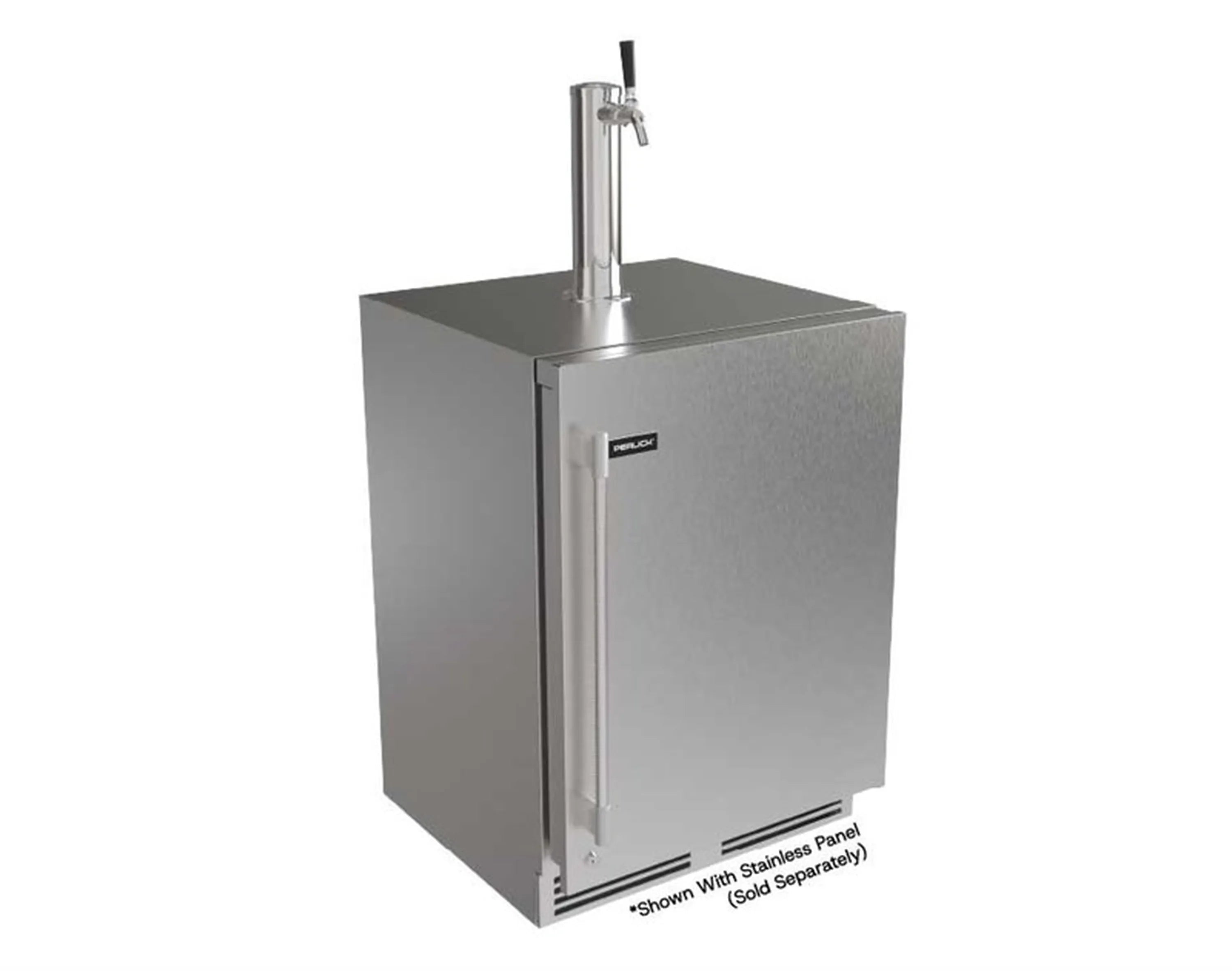 Stainless undercounter beverage dispenser with front door open and vertical faucet