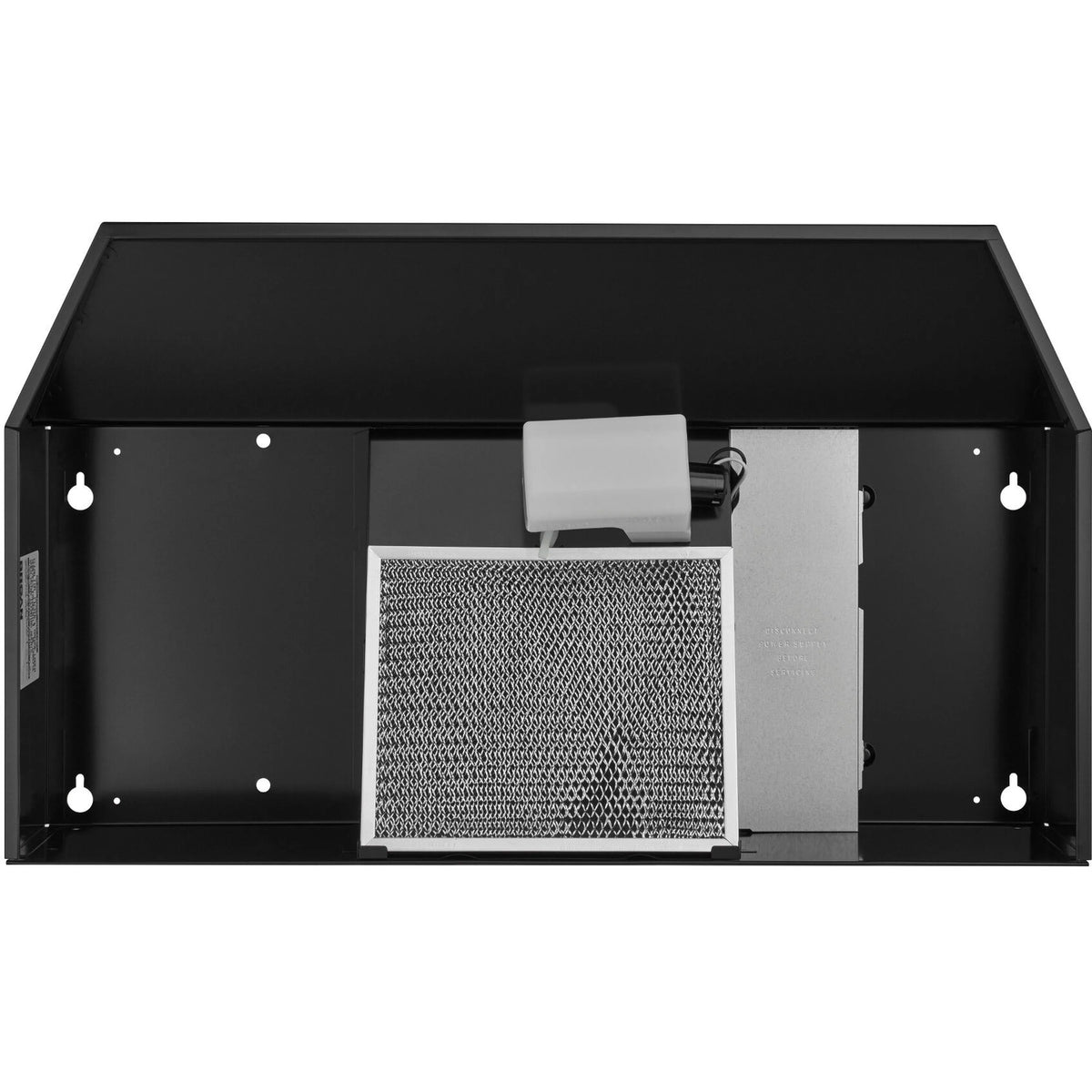 Black under-cabinet range hood with removable mesh filter and control panel