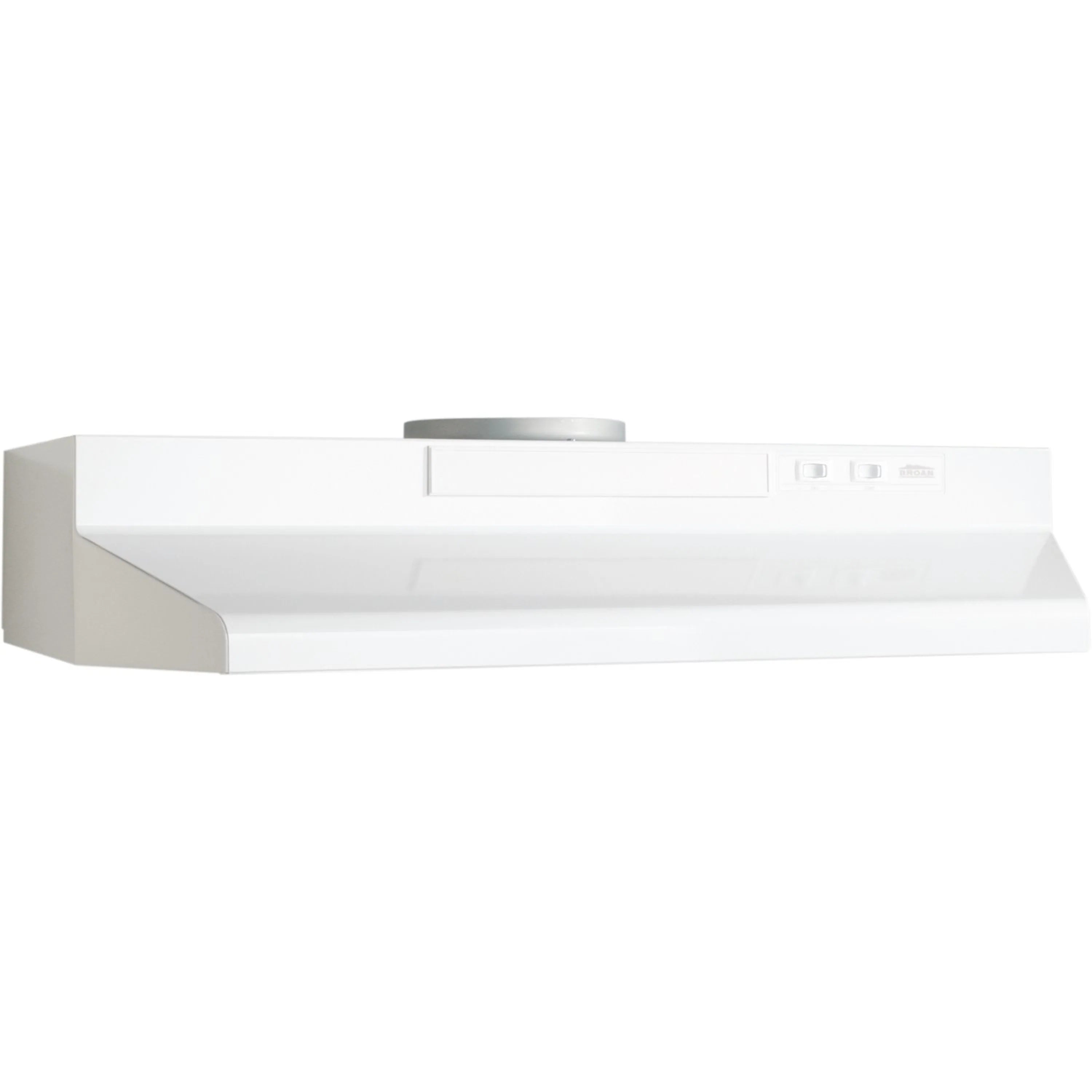 White convertible under-cabinet range hood, smooth front panel and centered vent