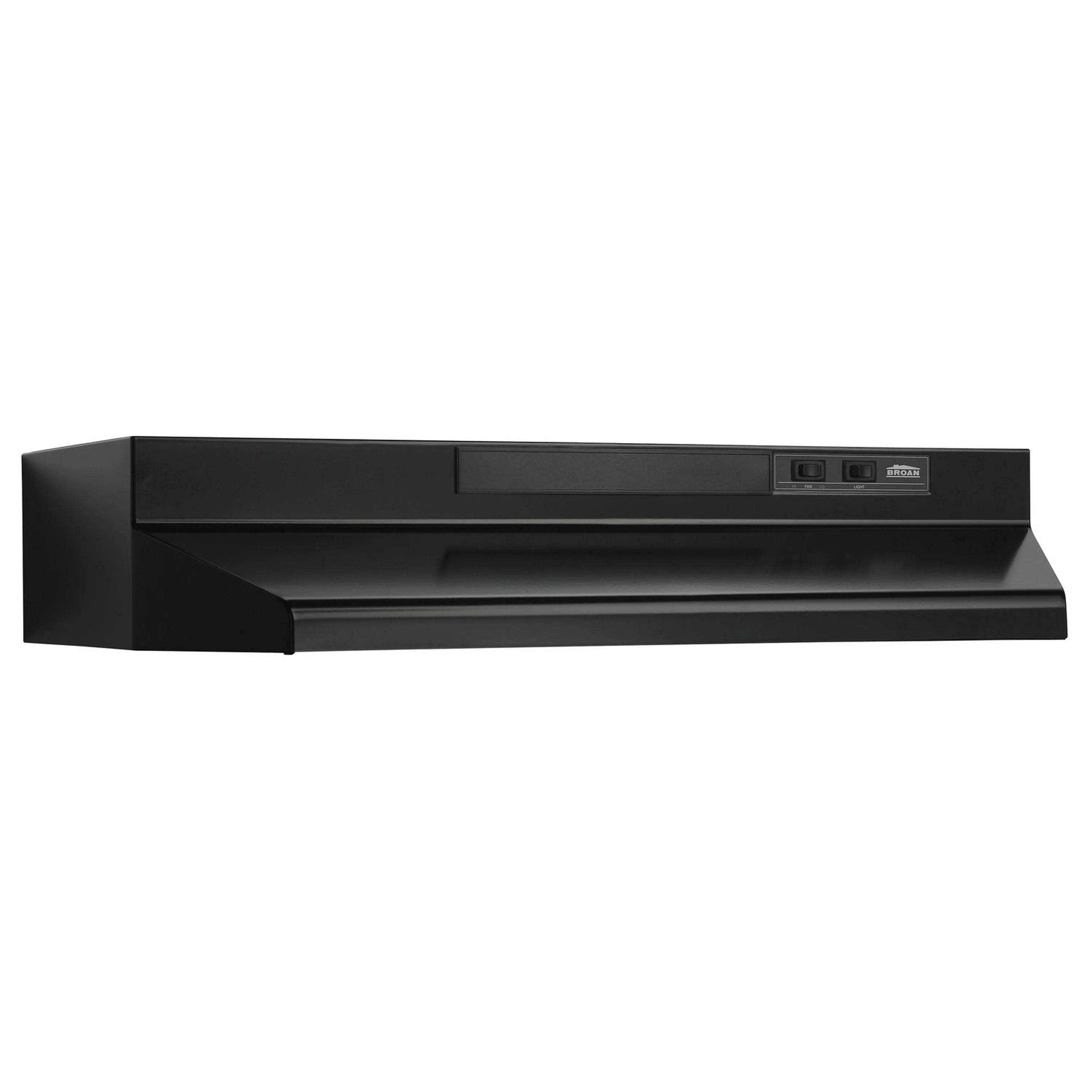 Black under-cabinet range hood vent cover with control panel and label