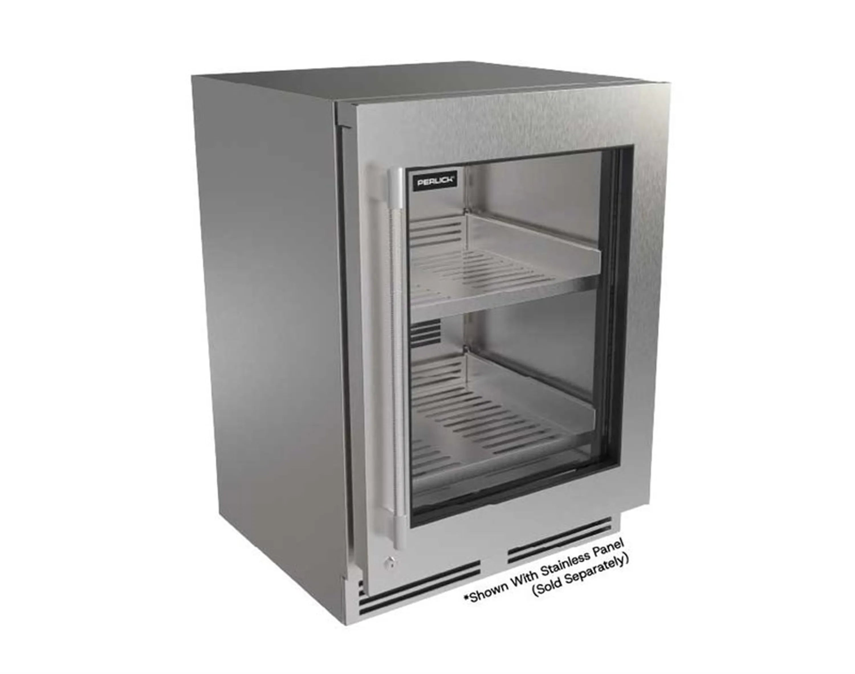 Undercounter refrigerator with stainless body and front glass door showing cold shelves