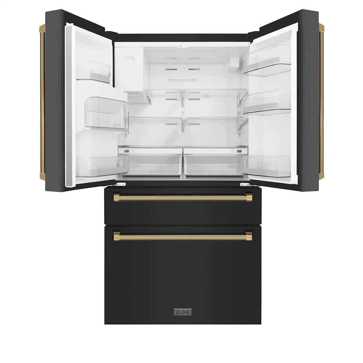 Black refrigerator with open doors and freezer drawer; see white interior shelves