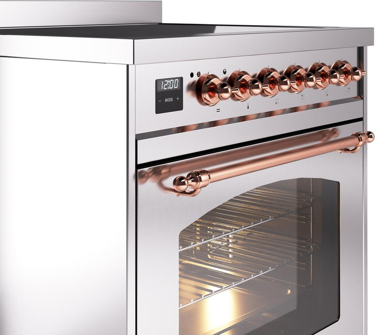 Stainless induction range with copper control knobs and copper-trim oven handle