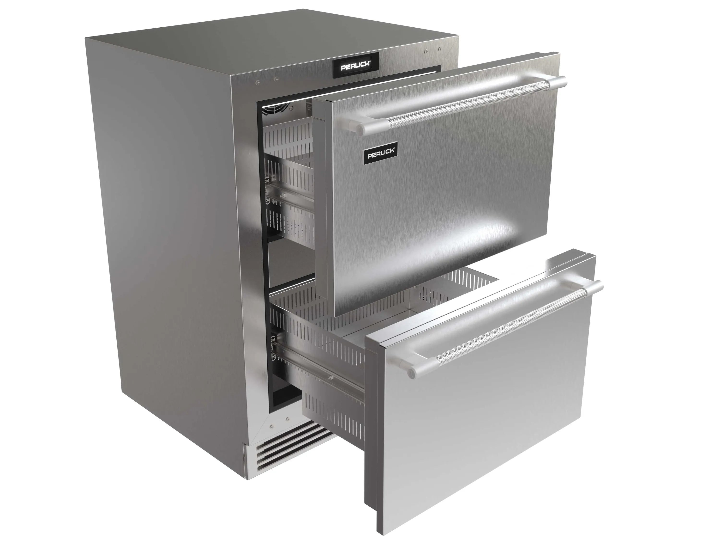 Stainless steel dual zone undercounter refrigerator/freezer drawers, right door open with shelves