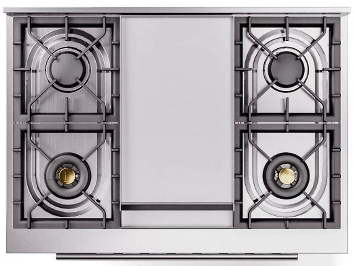 Black range cooktop with two sealed burners, grates, and center control panel