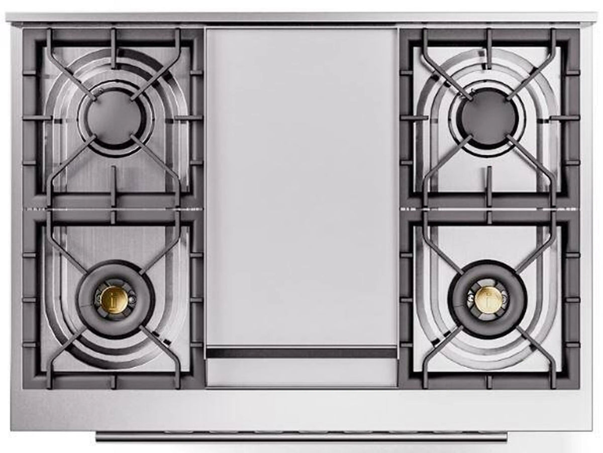 Stainless and black sealed burner cooktop with two burners and center panel