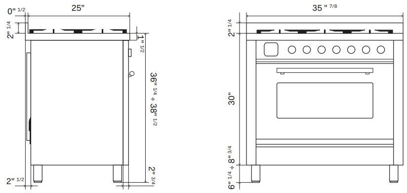 Freestanding gas range dimension diagram with front and side measurements