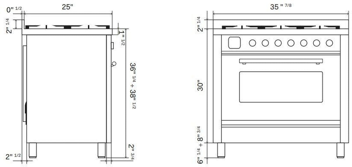 Range dimensions diagram with front and top measurement line drawing
