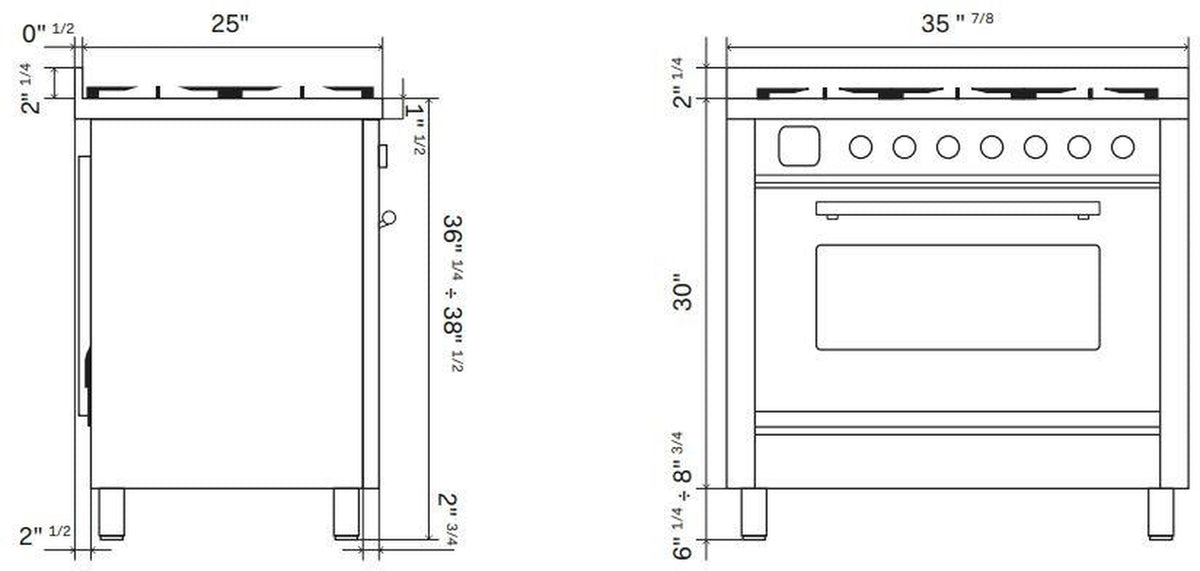 Freestanding gas range size diagram with top and side measurements