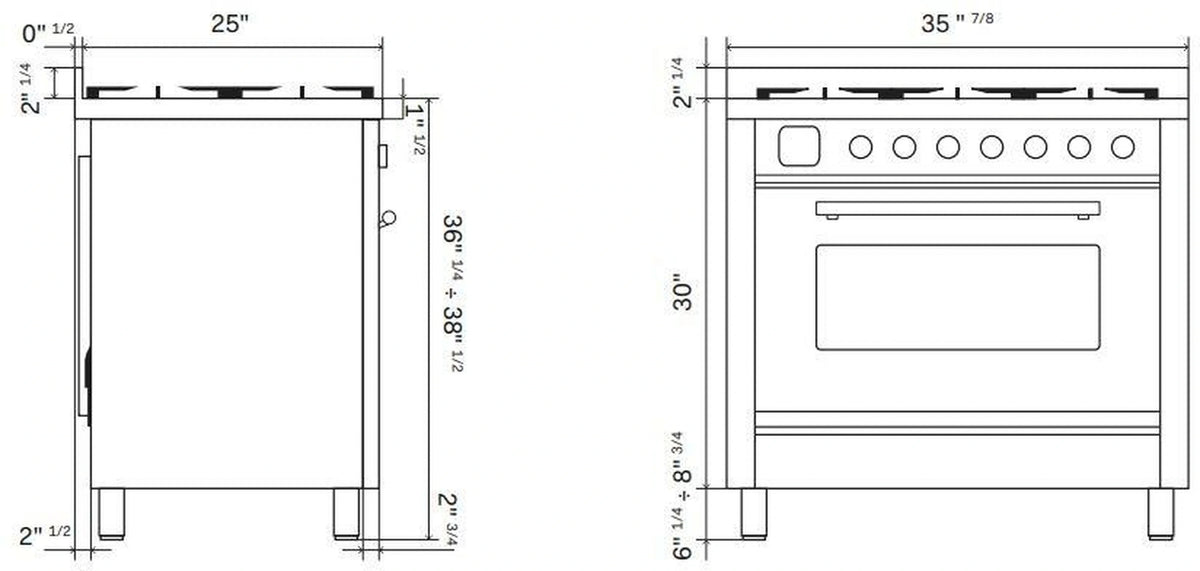 Freestanding range technical diagram with height and width measurements