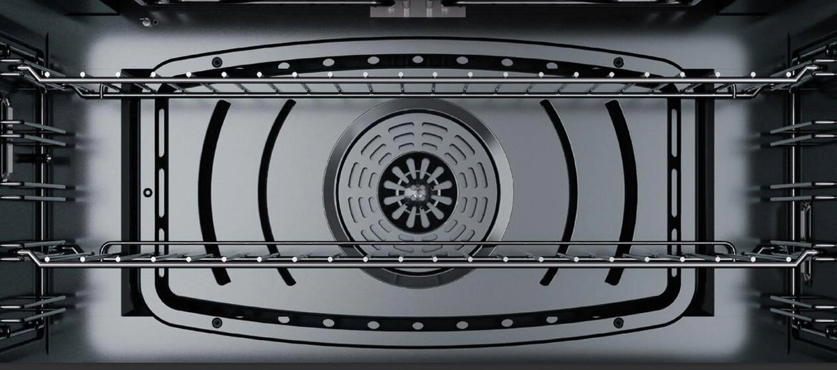 Freestanding dual-fuel gas range oven cavity with rear fan and burner cover