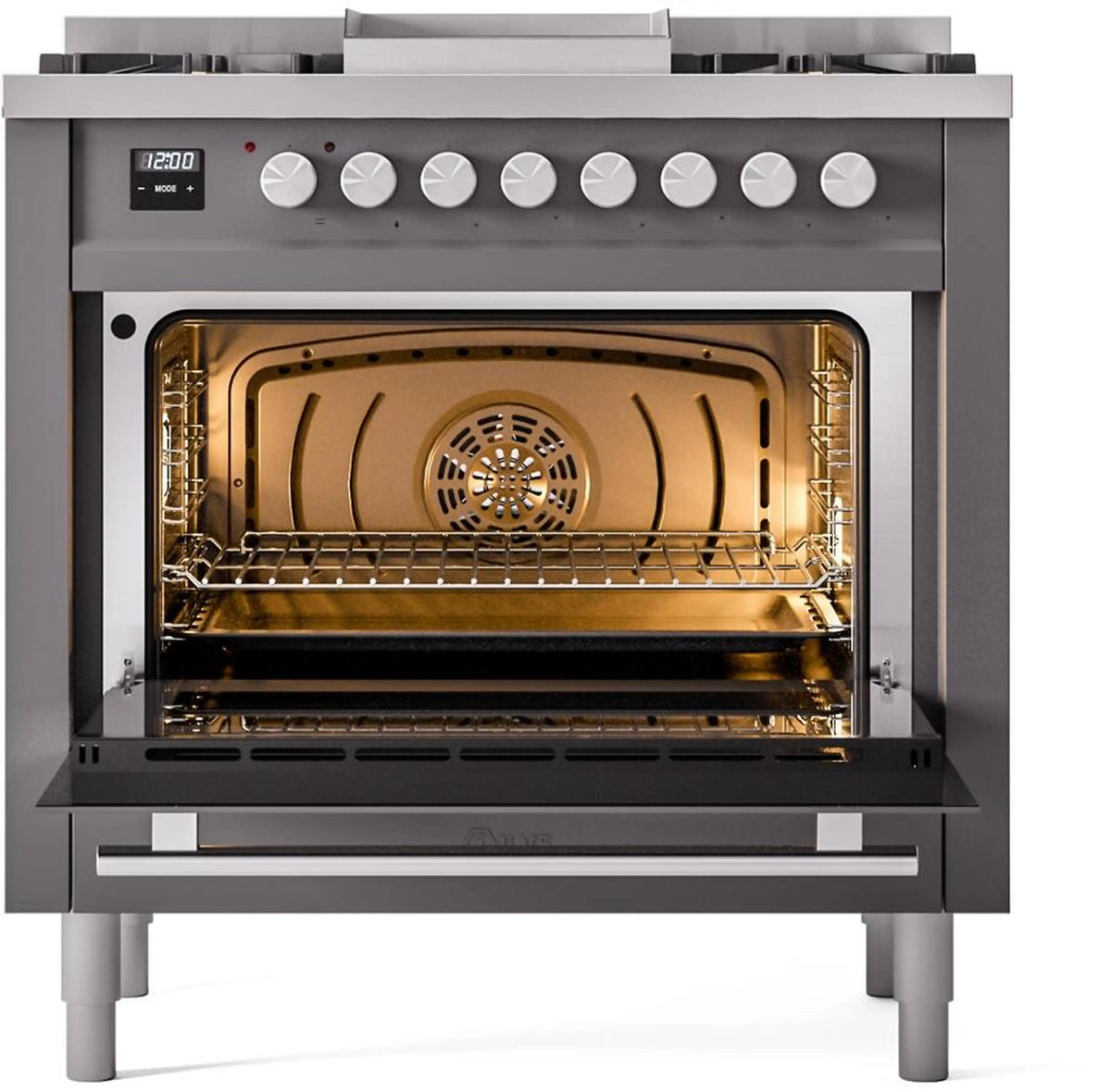 Matte graphite oven cavity with wire rack and warm interior view
