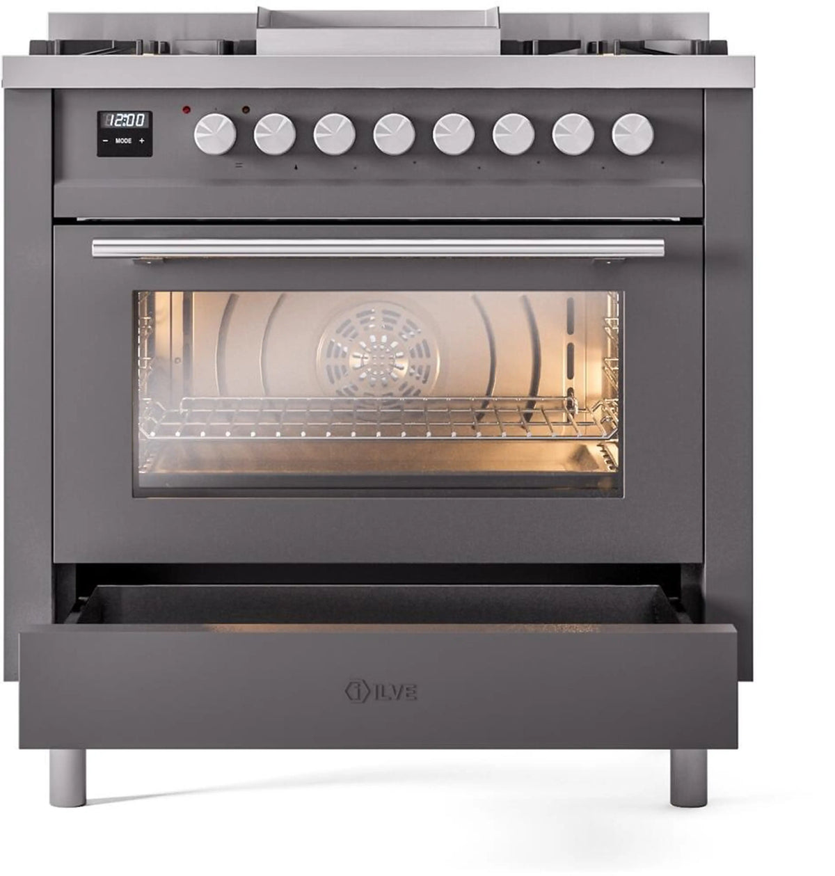 Matte graphite freestanding range with open oven door and control knobs, ILVE style