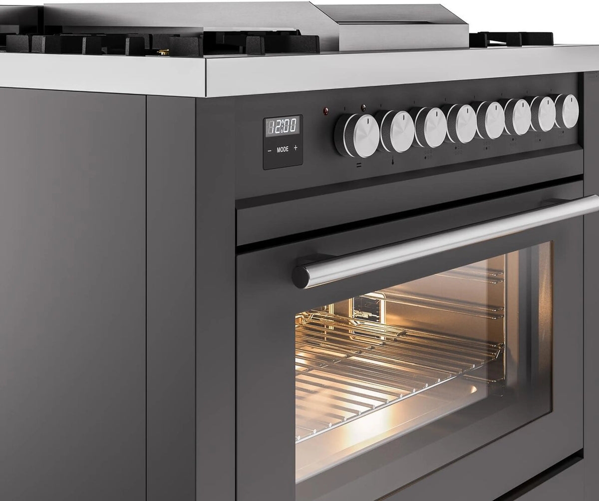 Matte graphite freestanding gas range with oven window, knobs, and digital display