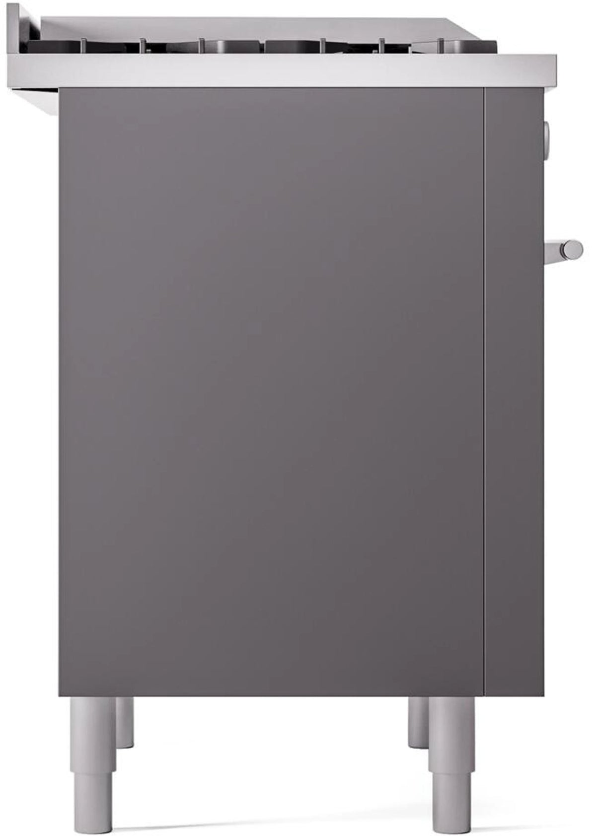 Matte graphite side panel of freestanding range with leveling legs