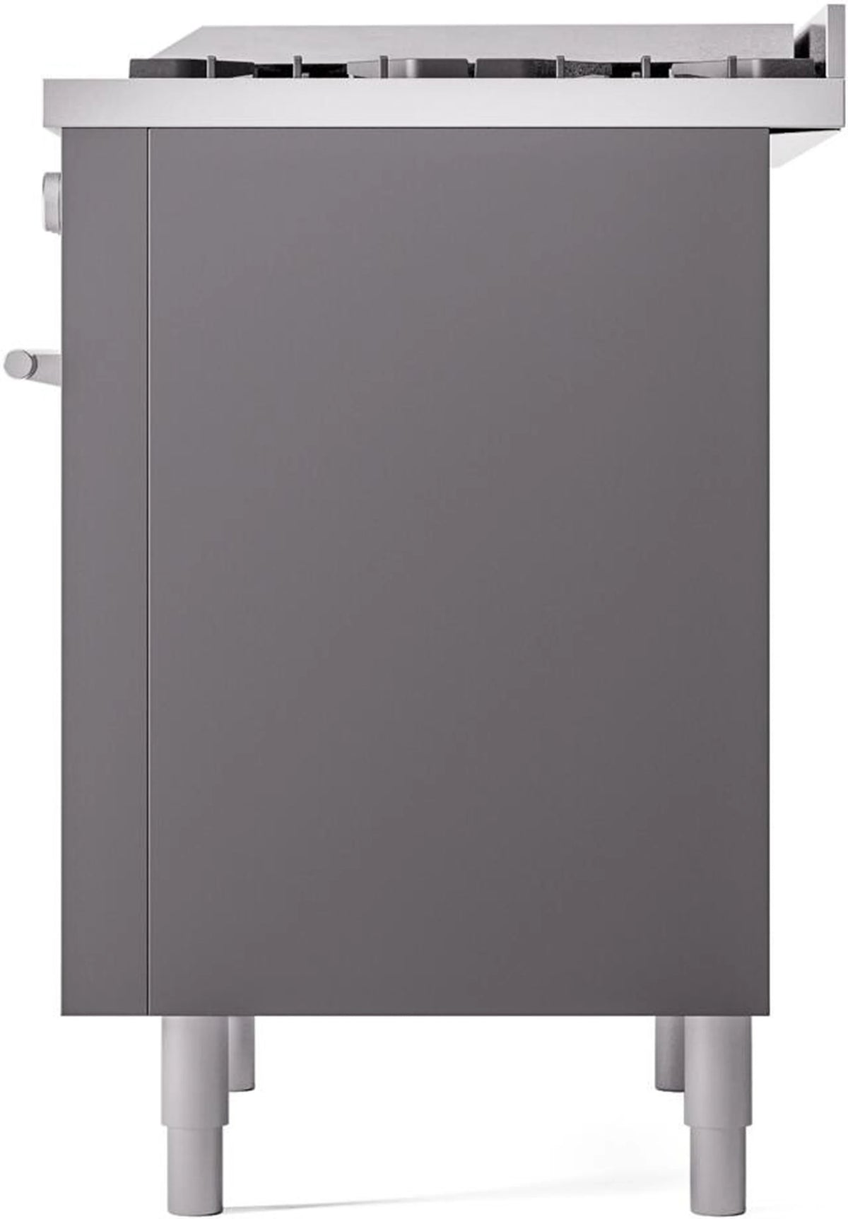 Matte graphite rear side panel of freestanding range with leveling legs