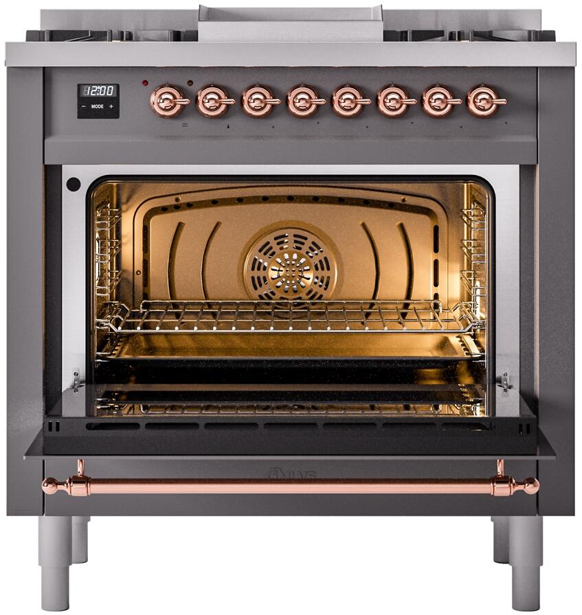 Freestanding dual fuel range with open oven door, lit interior, copper-trim highlights