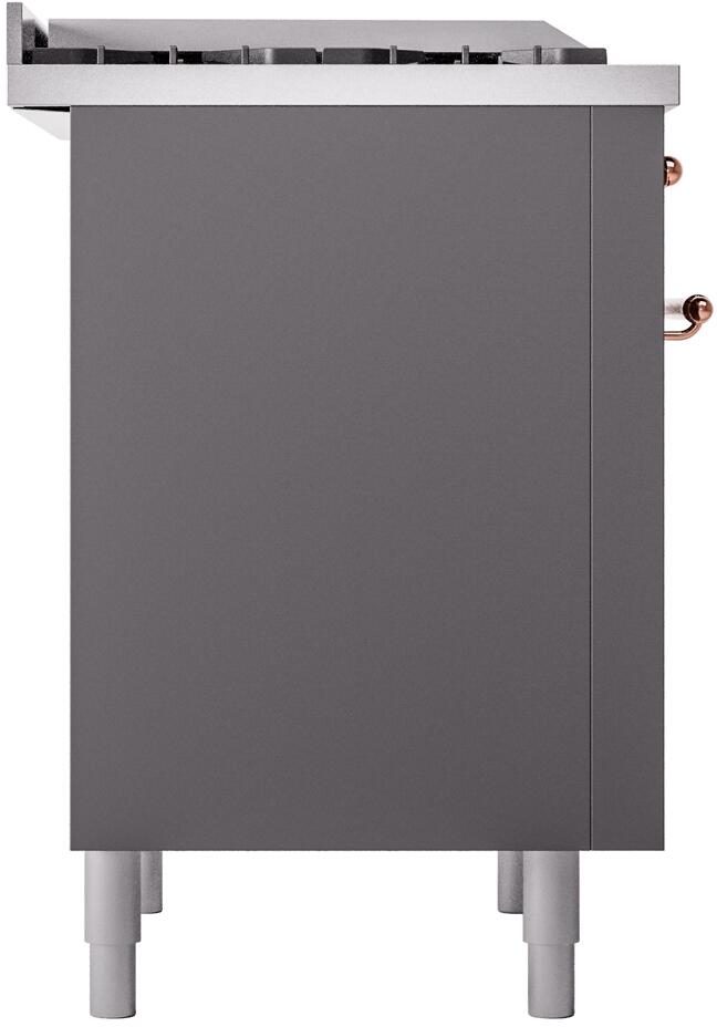 Rear panel of freestanding dual fuel range in matte graphite with leveling feet