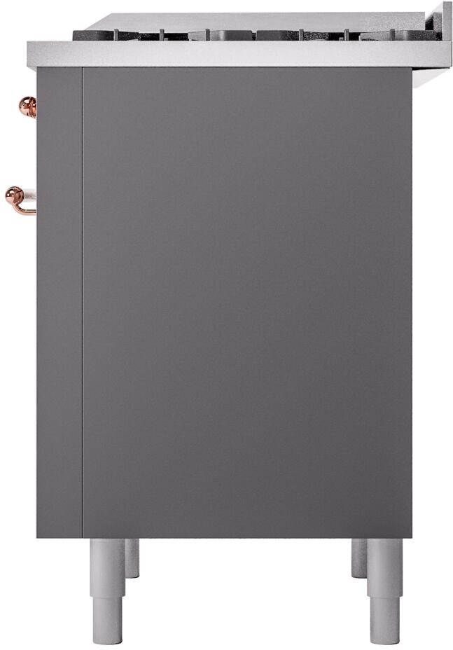 Rear corner view of freestanding dual fuel range in matte graphite with feet and copper detail