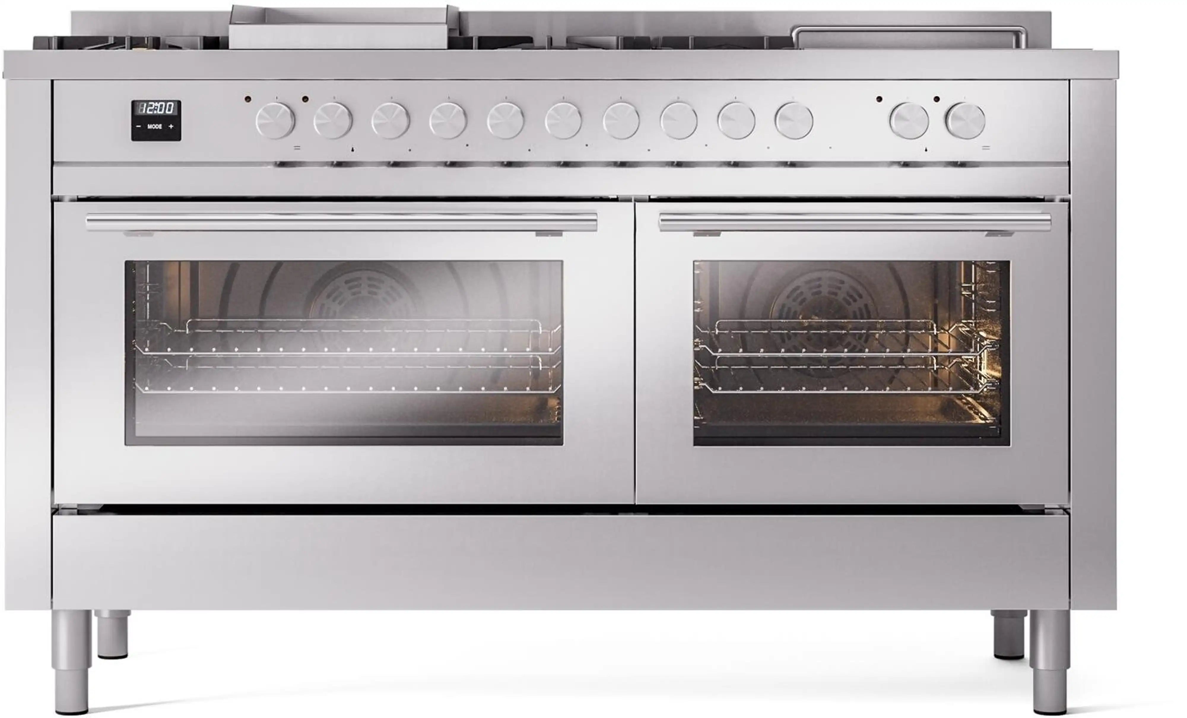 Stainless steel dual fuel range with two oven doors and control knobs on front panel