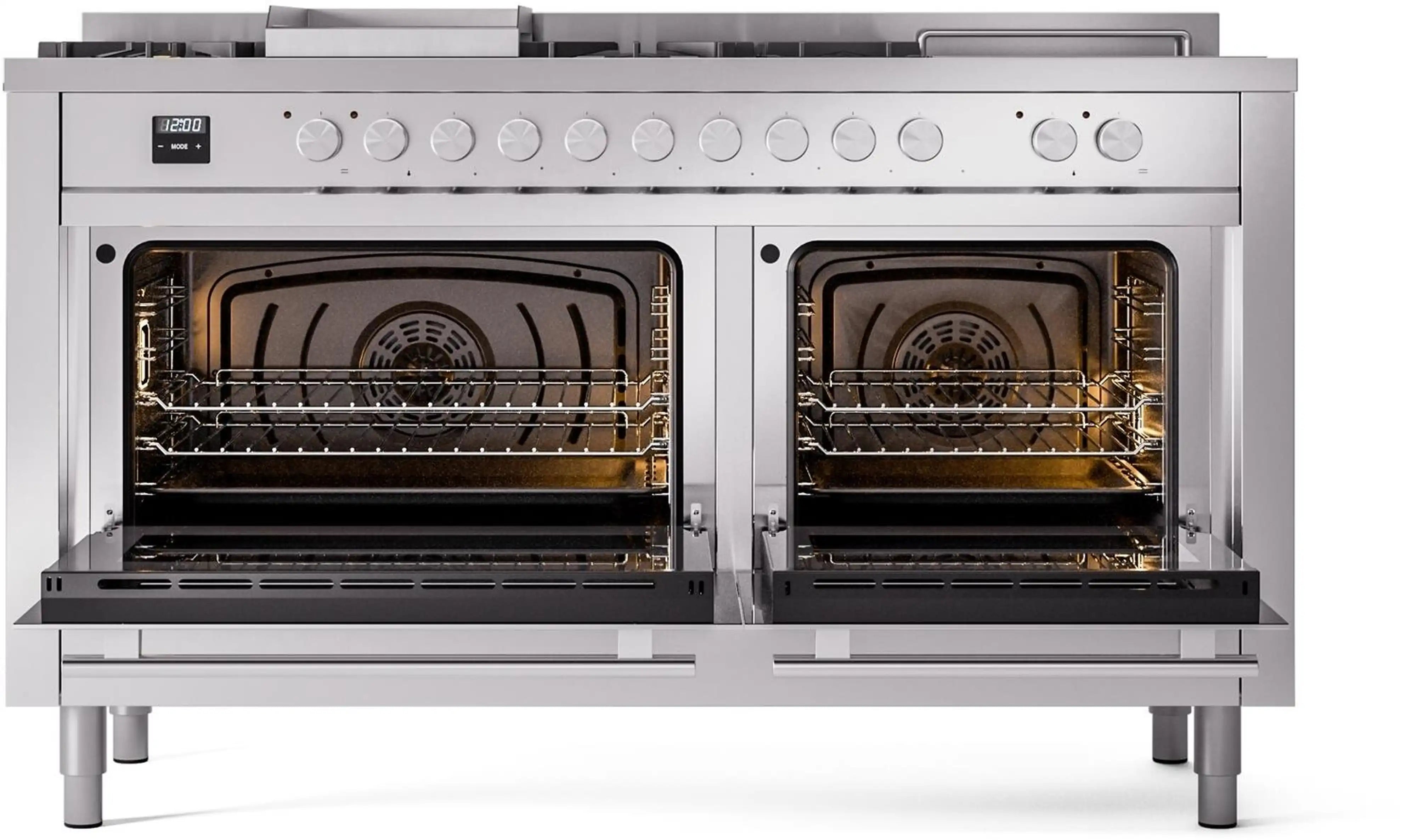ILVE dual fuel gas range with two oven doors open, showing two wire racks