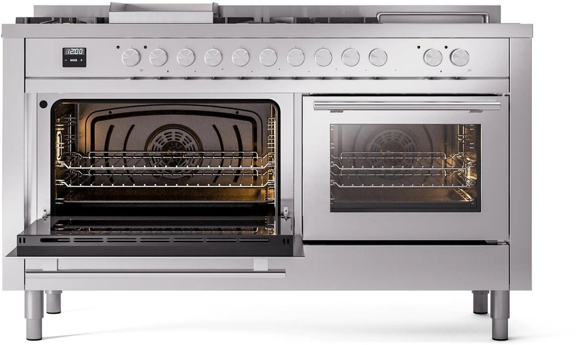 ILVE dual fuel gas range with one oven door and broil oven door open